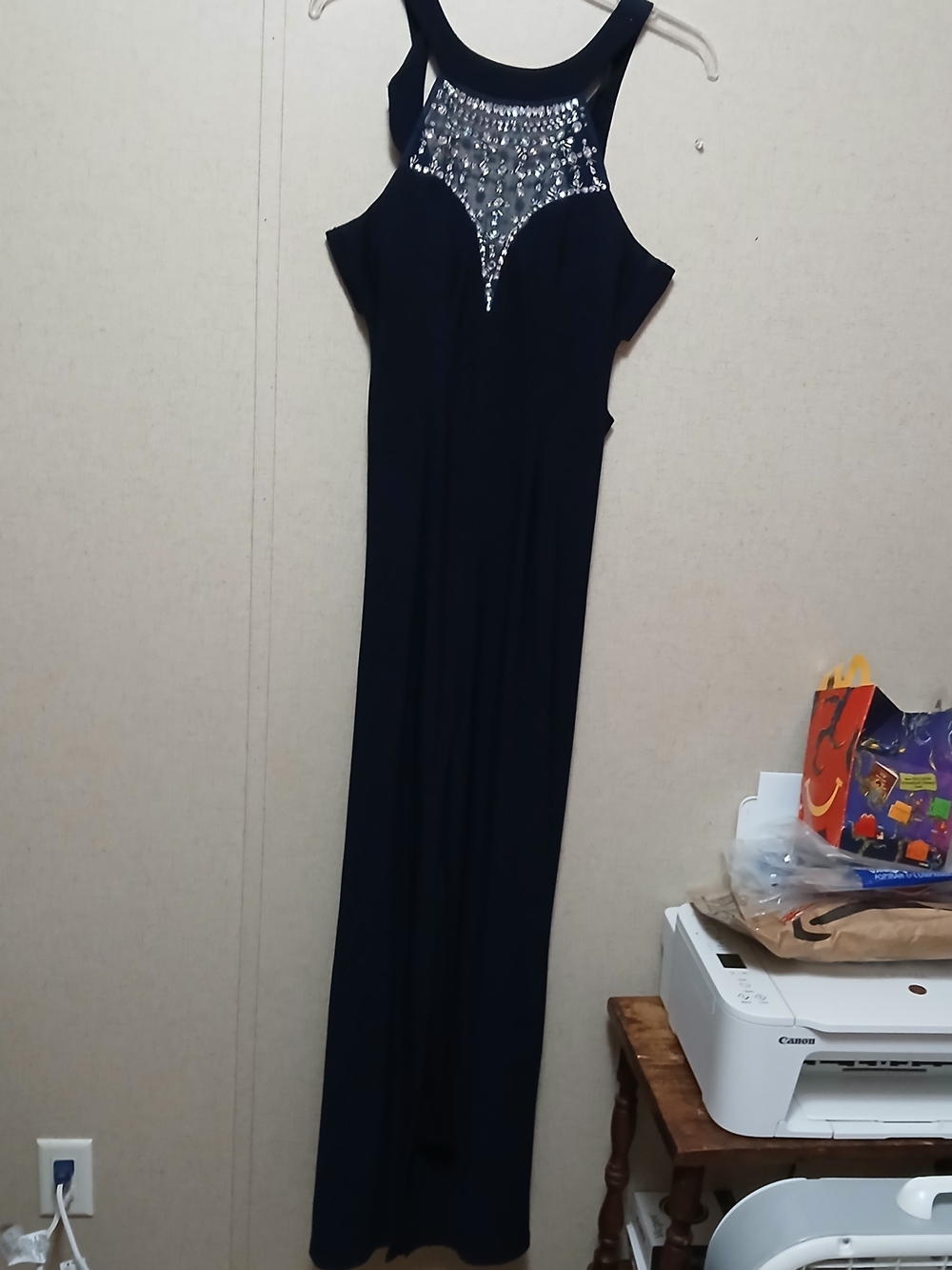 B Darlin Navy Maxi Dress with Beaded Illusion Yoke